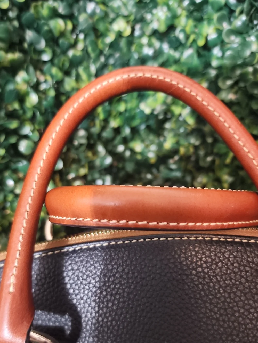 Dooney & Bourke Black Pebble Leather Satchel with Brown Trim